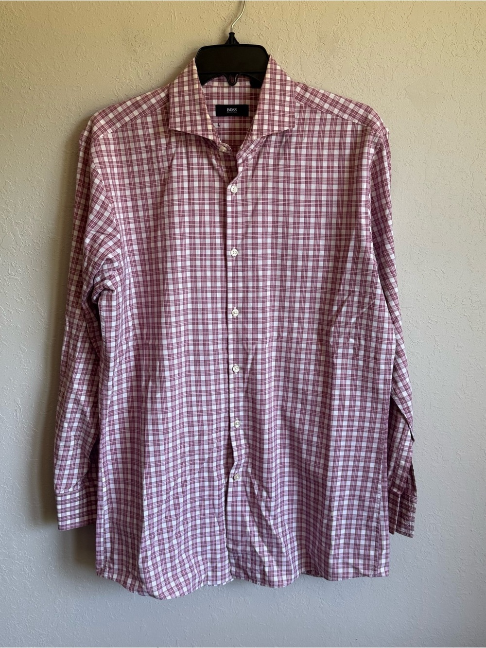 Mens 16.5 Pink and White Plaid Hugo Boss Office Business Church Formal Button Up